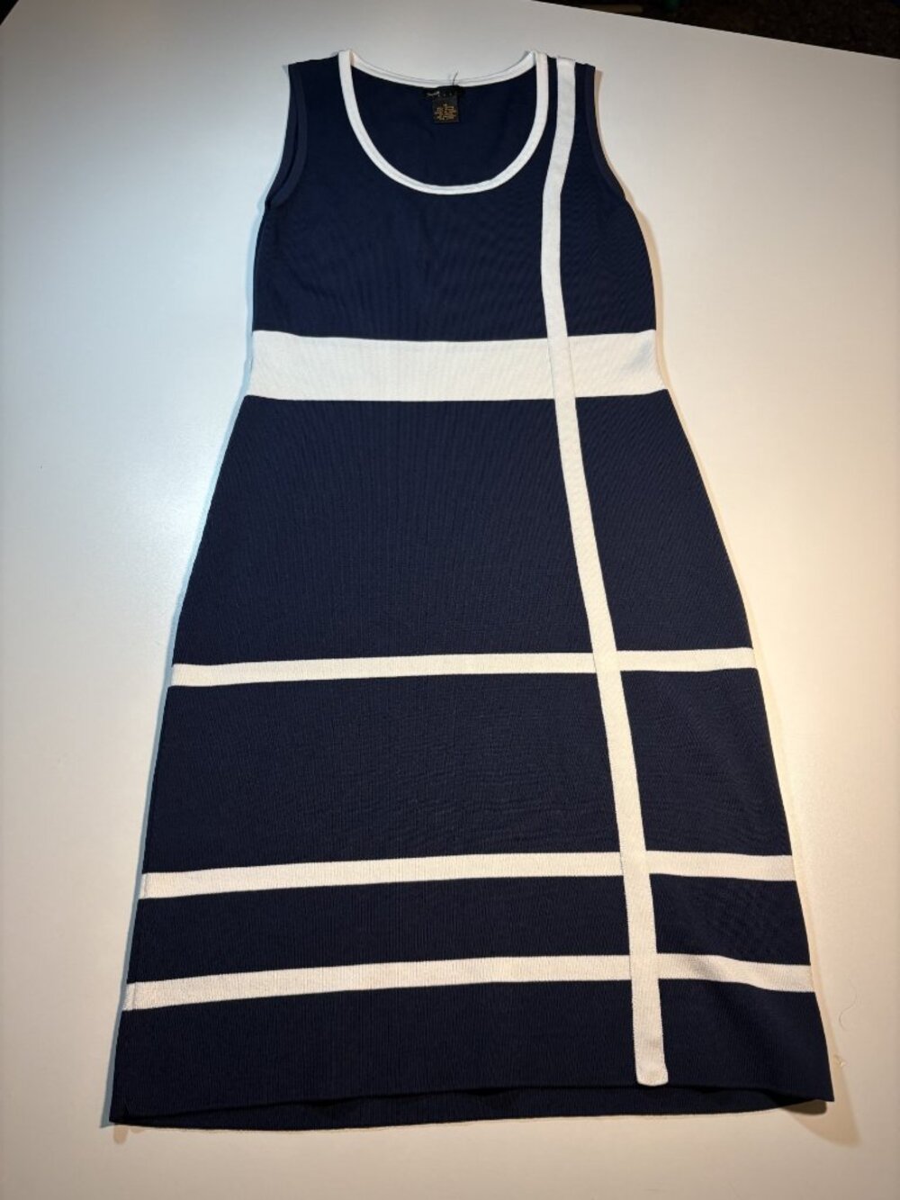 Grace Dresses Mod Knit Midi Dress Navy White Geometric Sleeveless Stretch M